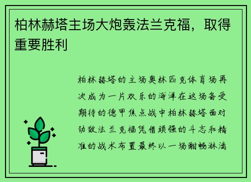 柏林赫塔主场大炮轰法兰克福，取得重要胜利